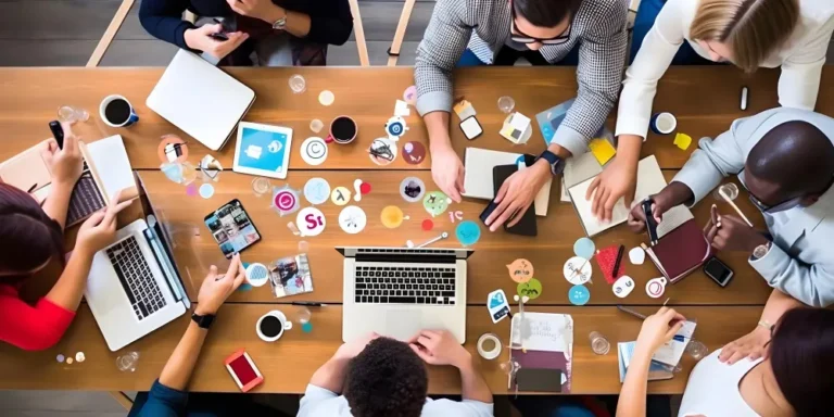 Um grupo diverso de profissionais de marketing trabalha em uma mesa grande com laptops, tablets, smartphones e diversos materiais de marketing, discutindo e colaborando em estratégias de marketing.