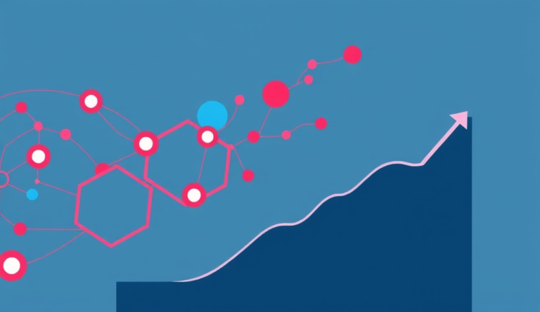 Ilustração abstrata representando o crescimento empresarial impulsionado pela automação e inteligência artificial, com uma linha ascendente e conexões tecnológicas.