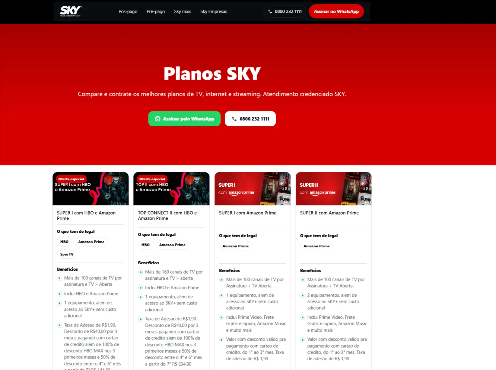 Site SKY TV Fibra