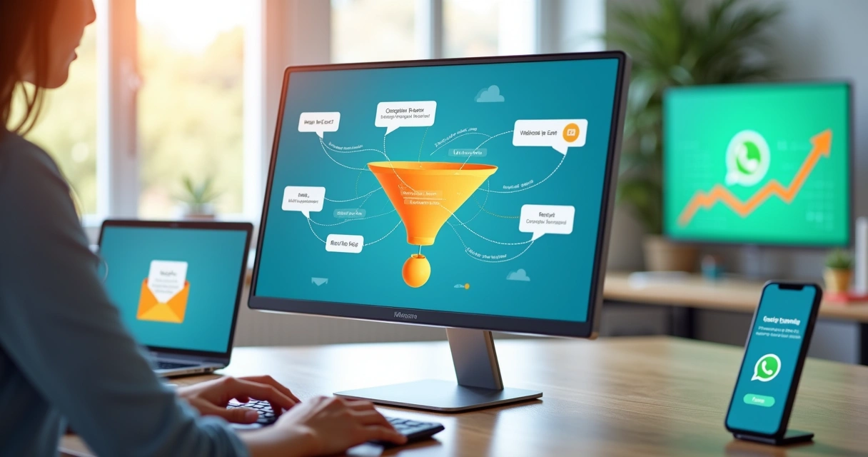 Painel com funil digital mostrando autoresponder integrando e-mail e WhatsApp