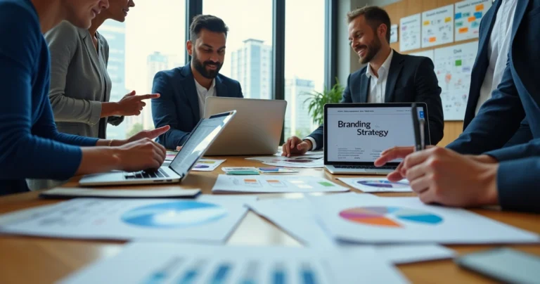 Equipe analisando estratégia de branding digital em mesa de trabalho