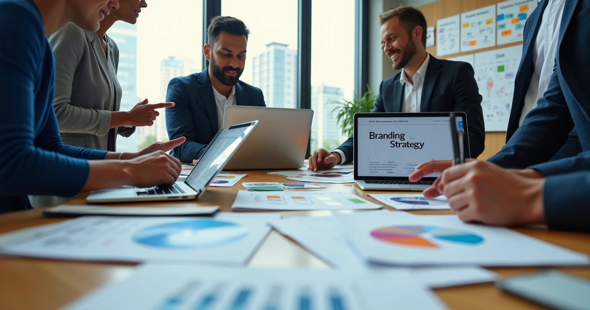 Equipe analisando estratégia de branding digital em mesa de trabalho