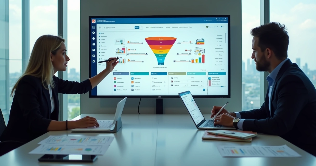 Equipe analisando painel de CRM com funil de vendas e dados de clientes em tela grande