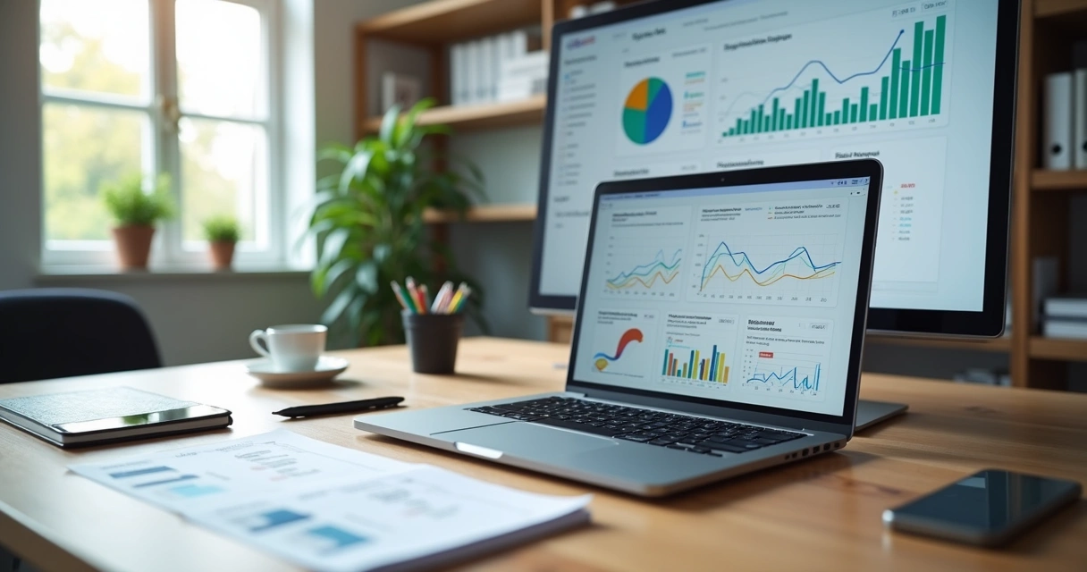 Tela de painel do Google Ads em notebook sobre mesa de escritório com gráficos de campanha