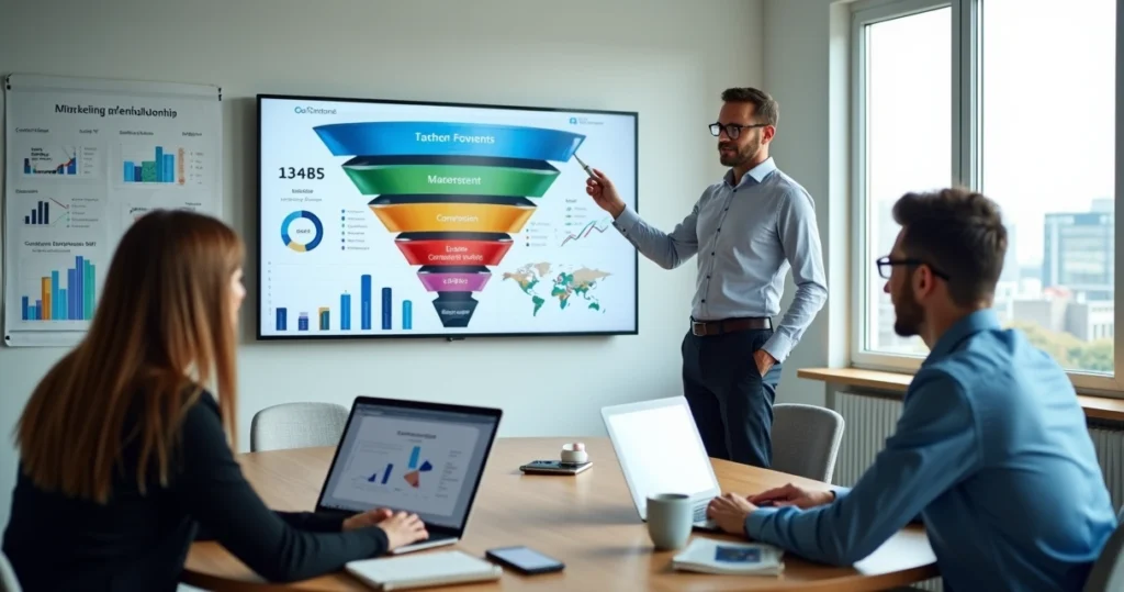 Equipe de marketing analisando funil de aquisição de clientes em tela grande