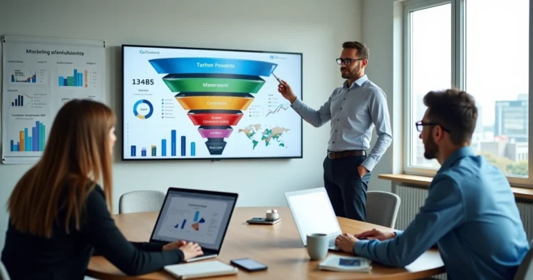 Equipe de marketing analisando funil de aquisição de clientes em tela grande