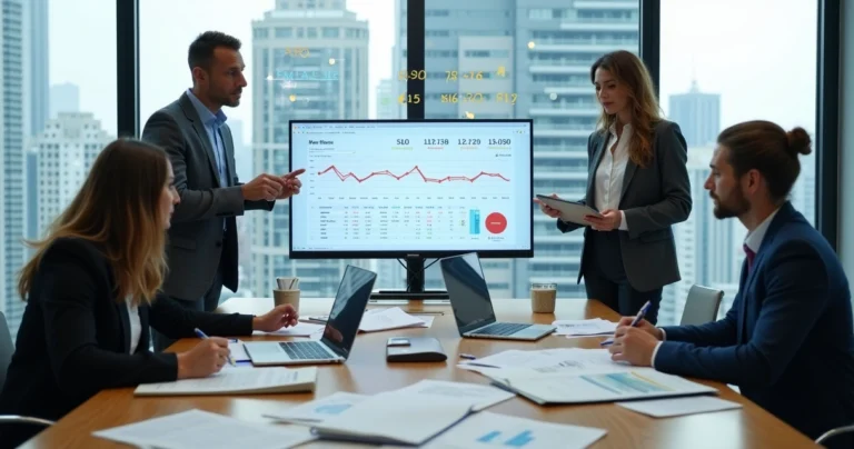 Equipe de escritório contábil em frente ao computador analisando presença digital com gráficos em queda